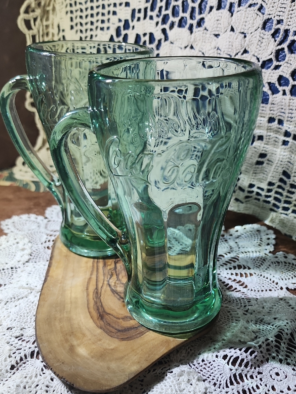 Pair Of Coca Cola Green Glass Mugs with Embossed Logo - Libby Glass